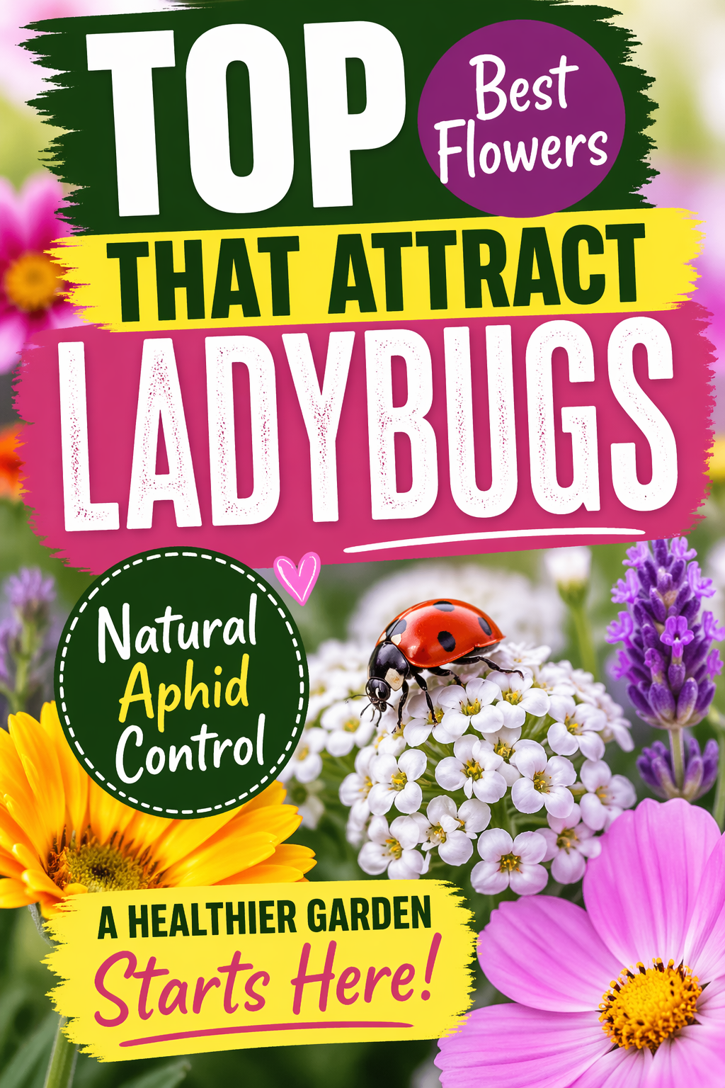 Colorful garden flowers attracting ladybugs for natural aphid control and beneficial insect pest management