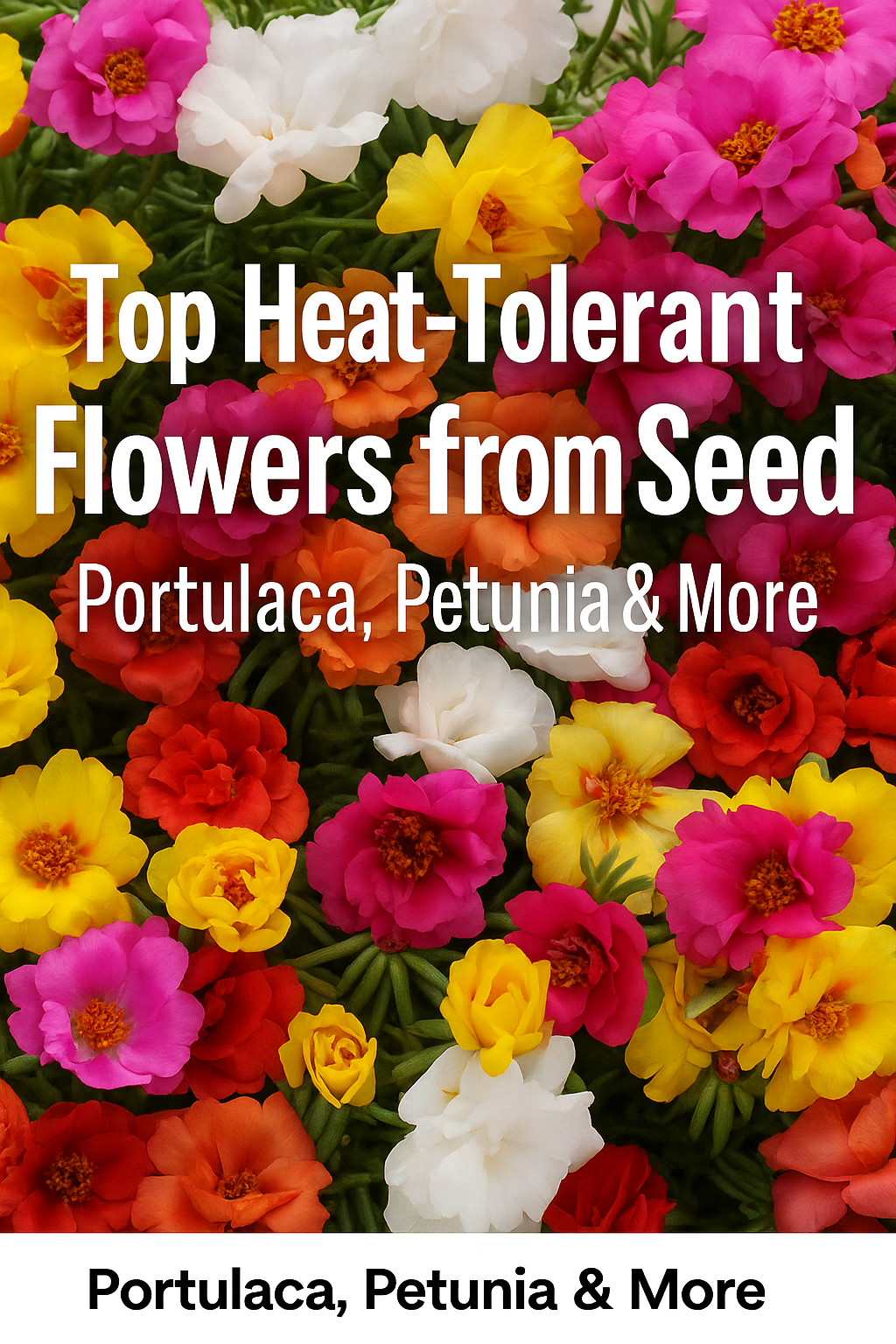 Bright summer display of Portulaca, Petunia, and Vinca flowers showcasing top heat-tolerant annuals that thrive in full sun and drought conditions from seed.