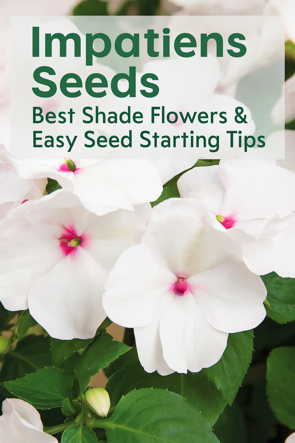 White impatiens flowers with soft pink centers and lush green leaves, ideal shade-loving blooms grown from seed for containers and garden beds.