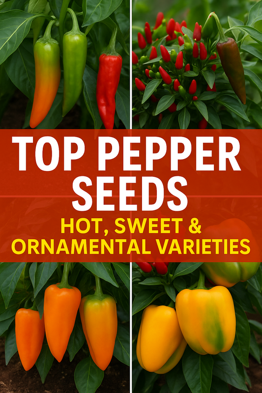 Vibrant mix of hot, sweet, and ornamental peppers in red, yellow, and green colors growing on lush plants — top pepper seed varieties to grow at home or in greenhouses.