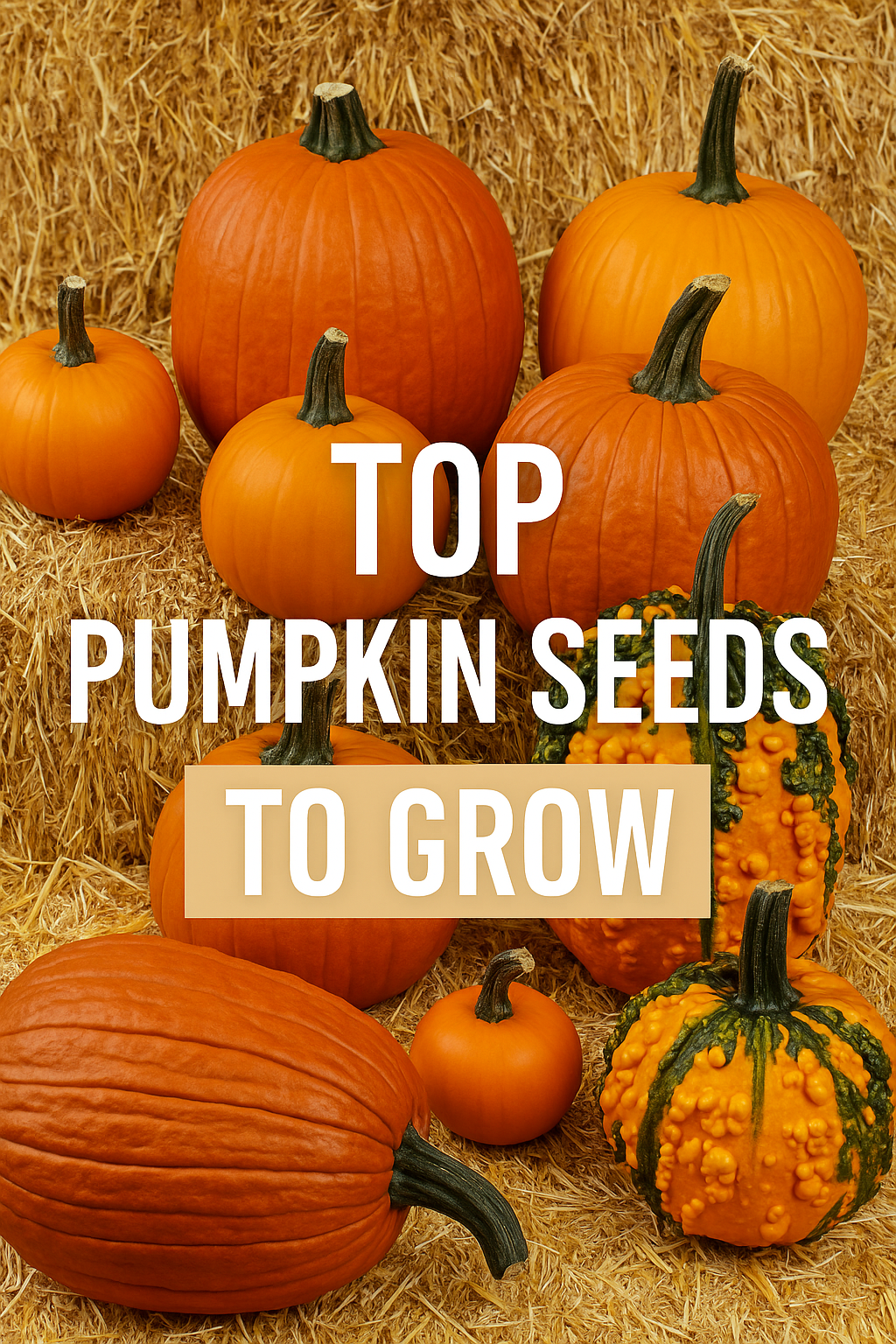 Top Pumpkin Seeds to Grow image showing assorted pumpkins in various sizes, shapes, and colors arranged on straw for a fall harvest and gardening theme.