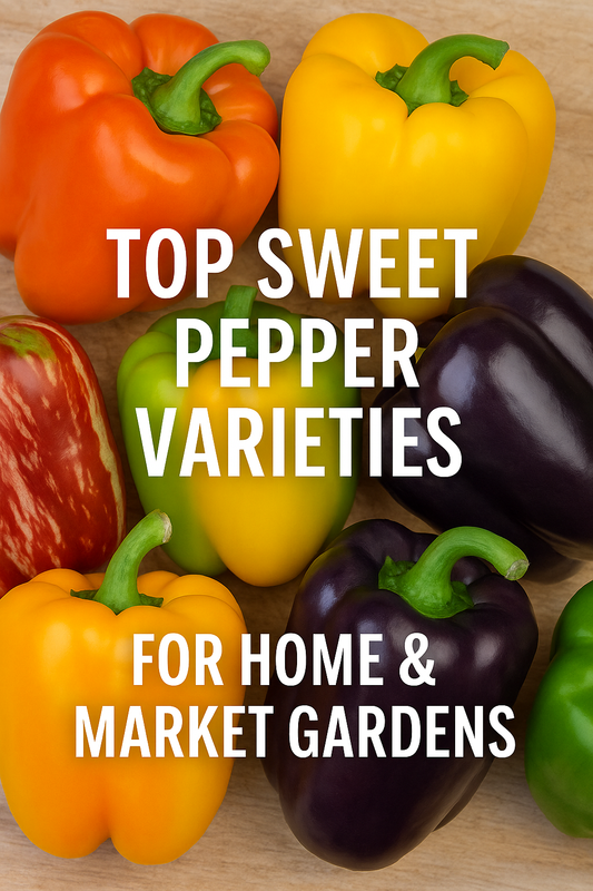 A colorful assortment of sweet peppers including red, yellow, green, purple, and striped varieties, arranged together for a blog on the top sweet pepper varieties for home gardeners and market growers