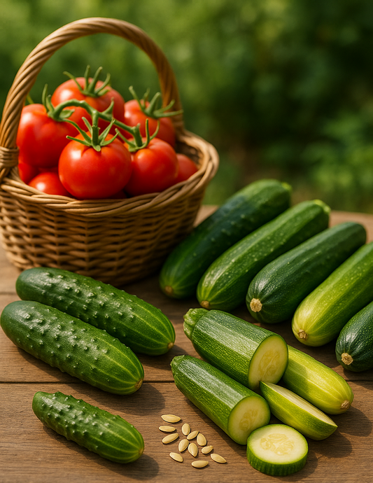 Tomatoes and zucchini growing in a garden, representing top vegetable seeds for success