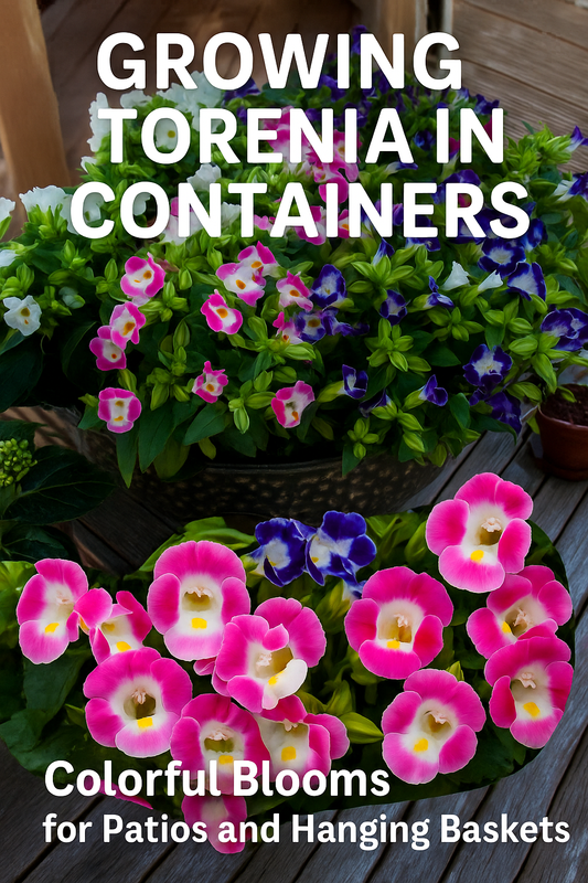 Torenia wishbone flowers in shades of purple, pink, and white blooming in containers and hanging baskets on a patio
