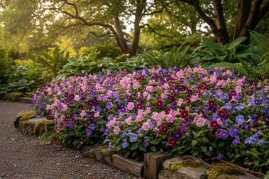 Torenia wishbone flowers blooming in a shady garden bed with purple, pink, and blue summer color