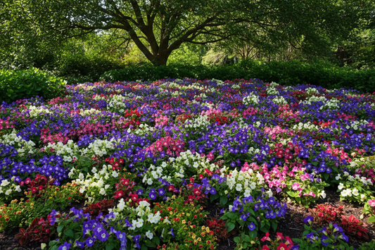 Torenia wishbone flowers blooming in a shaded garden bed in purple, pink, blue, and white