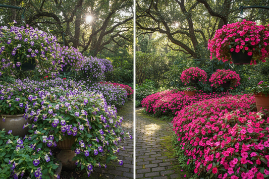 Torenia wishbone flowers and impatiens blooming together in a dappled shade garden with containers and hanging baskets