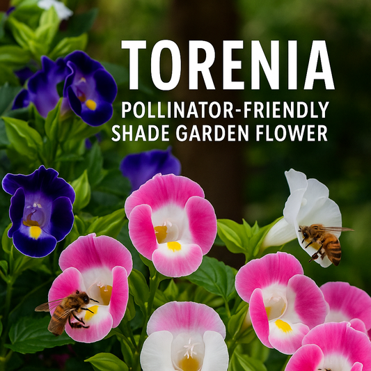 Torenia wishbone flowers in shades of purple, pink, and white attracting bees and butterflies in a shaded garden