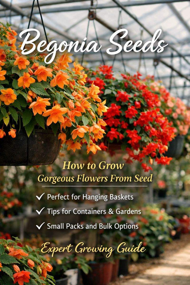 Trailing begonia seeds growing in orange and red hanging baskets inside a greenhouse
