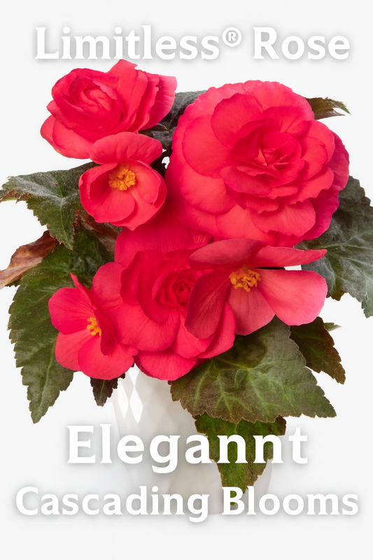 Trailing Begonia Limitless Rose seeds producing rose-pink flowers cascading from a hanging basket.