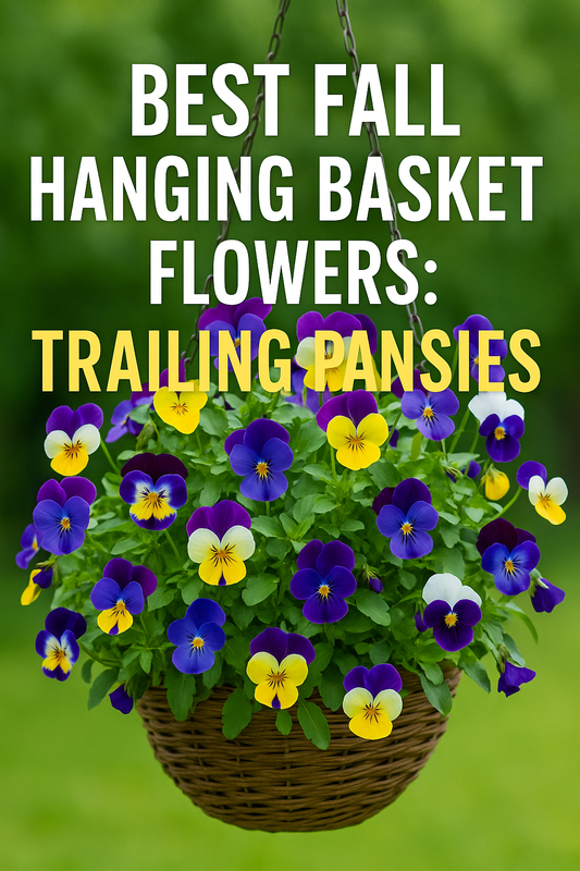 Bright trailing pansies overflowing from a hanging basket, showcasing vibrant purple, yellow, and white flowers perfect for fall displays