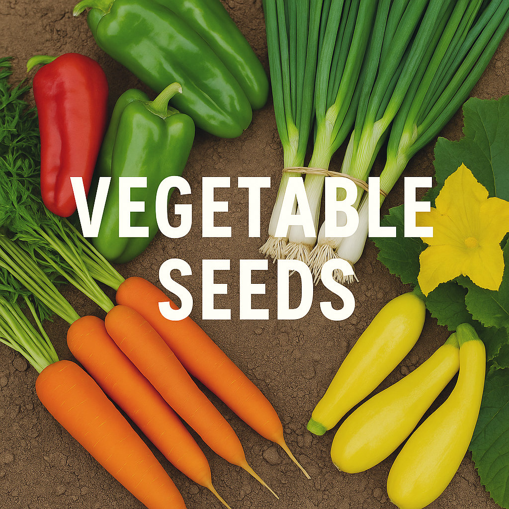 Fresh peppers, carrots, onions, and squash grown from vegetable seeds, highlighting both bulk vegetable seeds and smaller garden seed packs