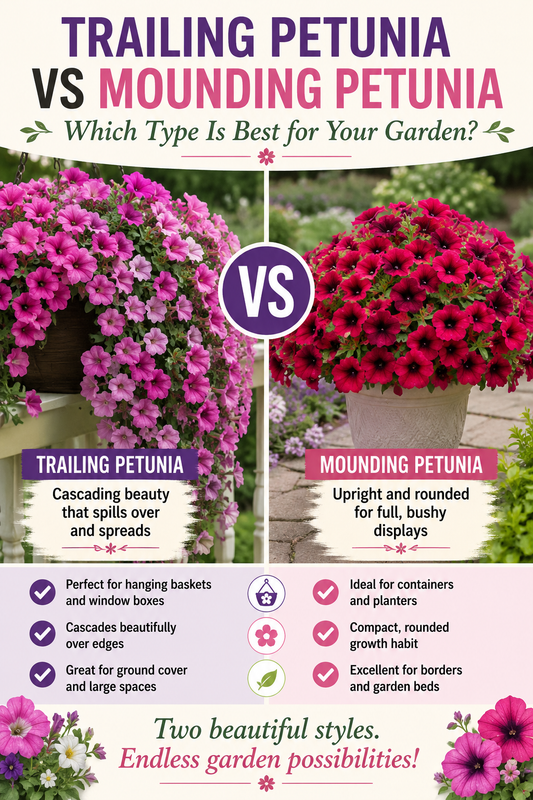Trailing petunias cascading from a hanging basket beside compact mounding petunias growing in a container, showing the difference in growth habits and flower displays.