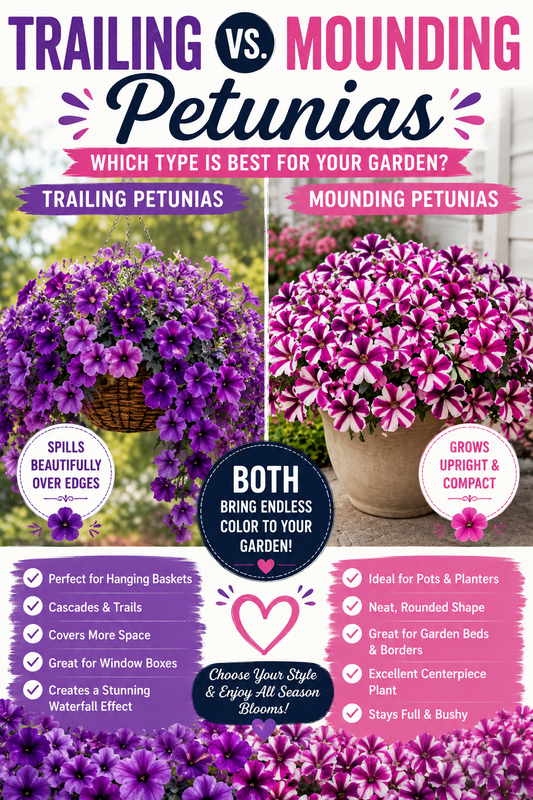 Trailing petunias cascading from hanging baskets beside compact mounding petunias growing in patio containers, showing differences in growth habit and flower display