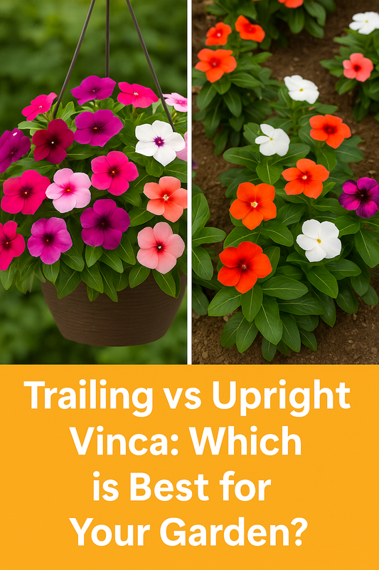 Vertical Pinterest-optimized image comparing trailing vinca in a hanging basket with upright vinca in a garden bed, featuring bright blooms in pink, orange, purple, and white with bold title text for readability.