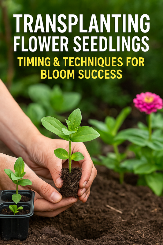 gardener transplanting flower seedlings into soil with colorful blooms