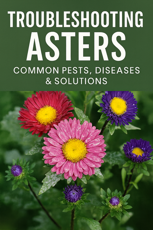 Troubleshooting asters – colorful asters showing healthy blooms alongside signs of common problems such as powdery mildew, thrips damage, and wilting, with overlay text reading "Troubleshooting Asters – Common Pests, Diseases & Solutions
