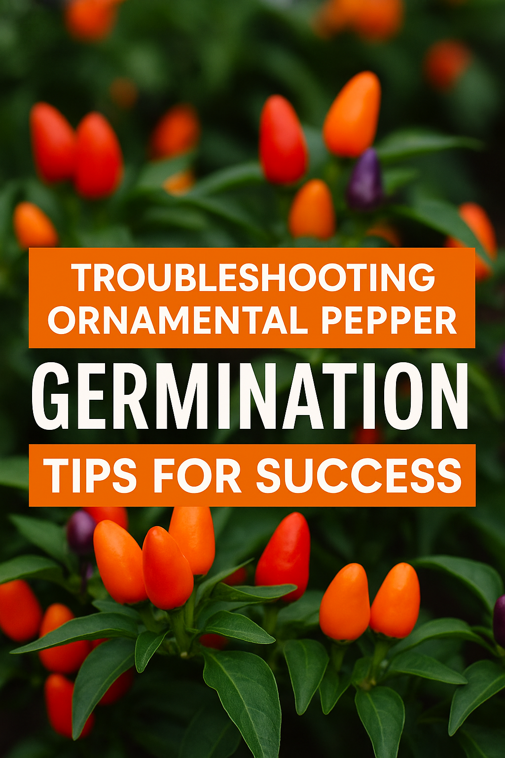 Colorful ornamental pepper plants with red, orange, yellow, and purple fruits used in a guide about troubleshooting pepper seed germination and growing success