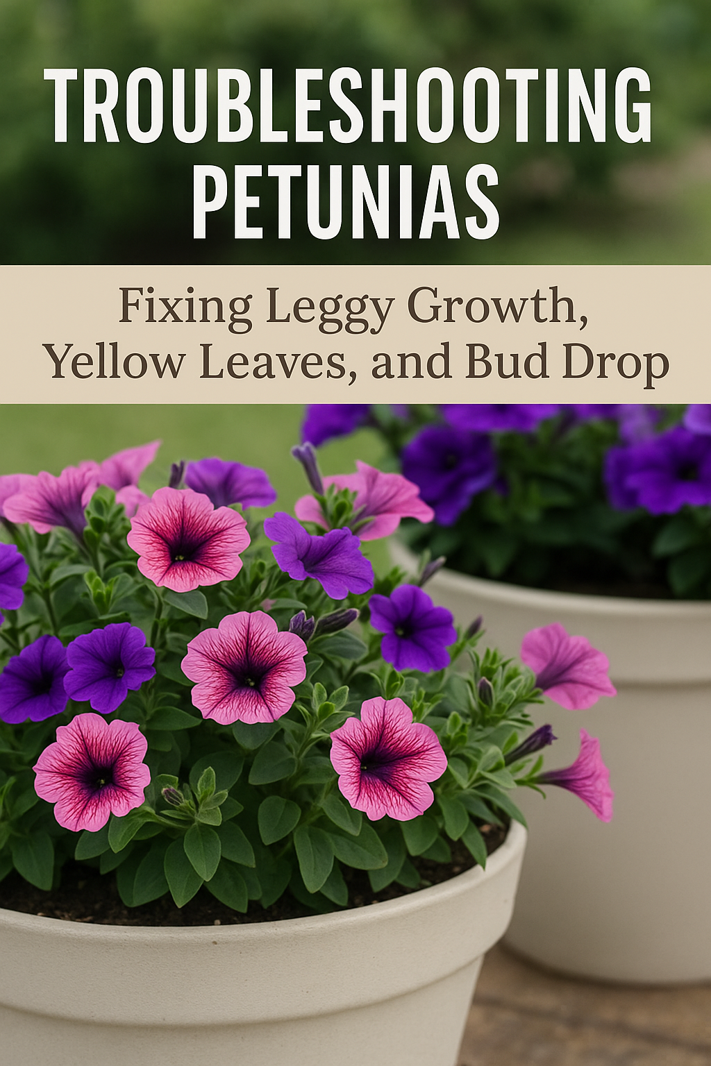 Healthy petunias blooming in containers after fixing leggy growth and yellow leaves with proper pruning and care.