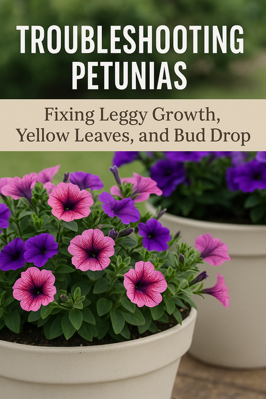 Healthy petunias blooming in containers after fixing leggy growth and yellow leaves with proper pruning and care.