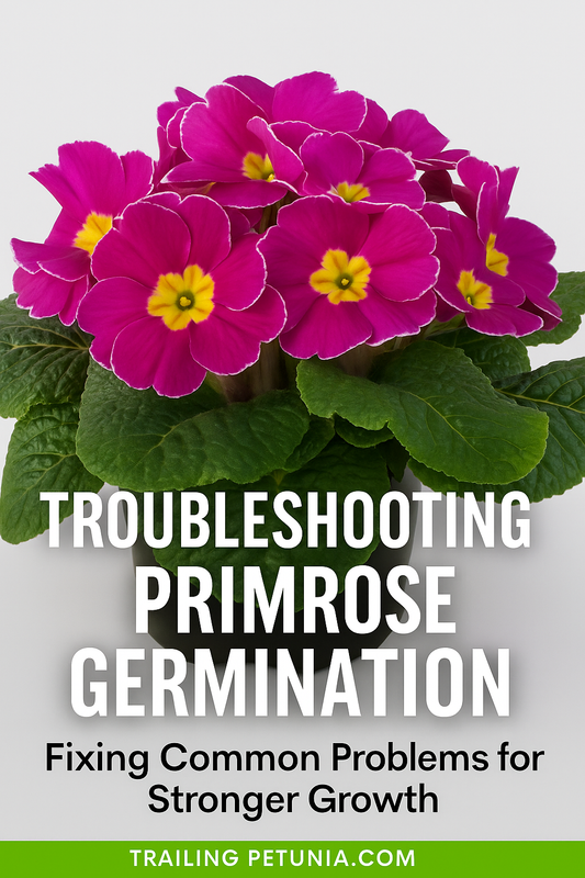 Bright Primrose seedlings and colorful blooms in trays with text overlay reading 'Troubleshooting Primrose Seed Germination | Fixing Common Problems for Stronger Growth