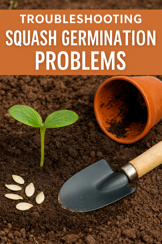 Healthy squash seedlings sprouting in soil with some showing germination issues