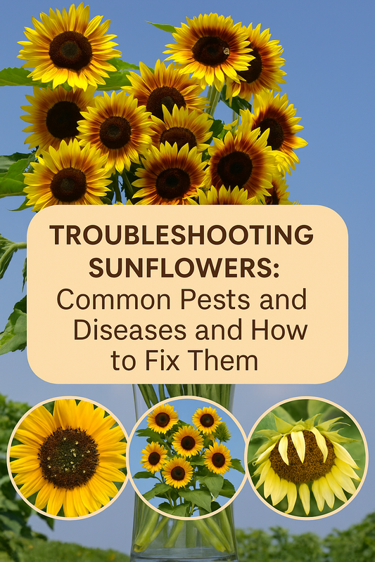 Collage of healthy and stressed sunflowers showing signs of pests and diseases with overlay text – troubleshooting guide for common sunflower problems and how to fix them