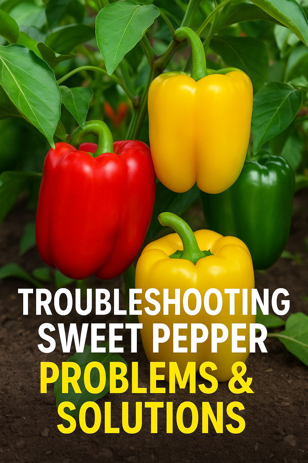 Vibrant sweet pepper plants with colorful red, yellow, and green peppers growing on healthy foliage, used for a troubleshooting guide on common pepper problems and solutions