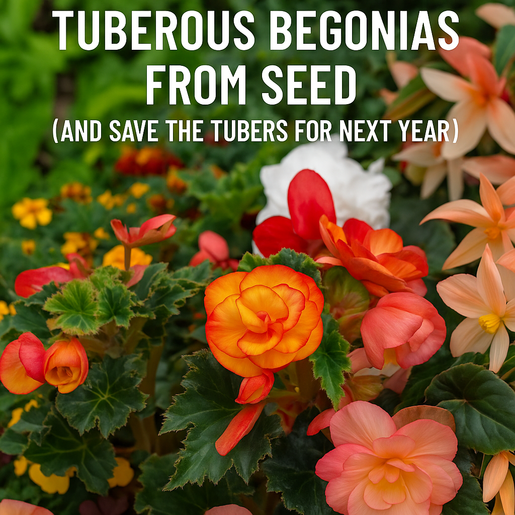 Vibrant tuberous begonias in bloom showing large colorful flowers, used to illustrate how to grow begonias from seed and save the tubers for replanting next year