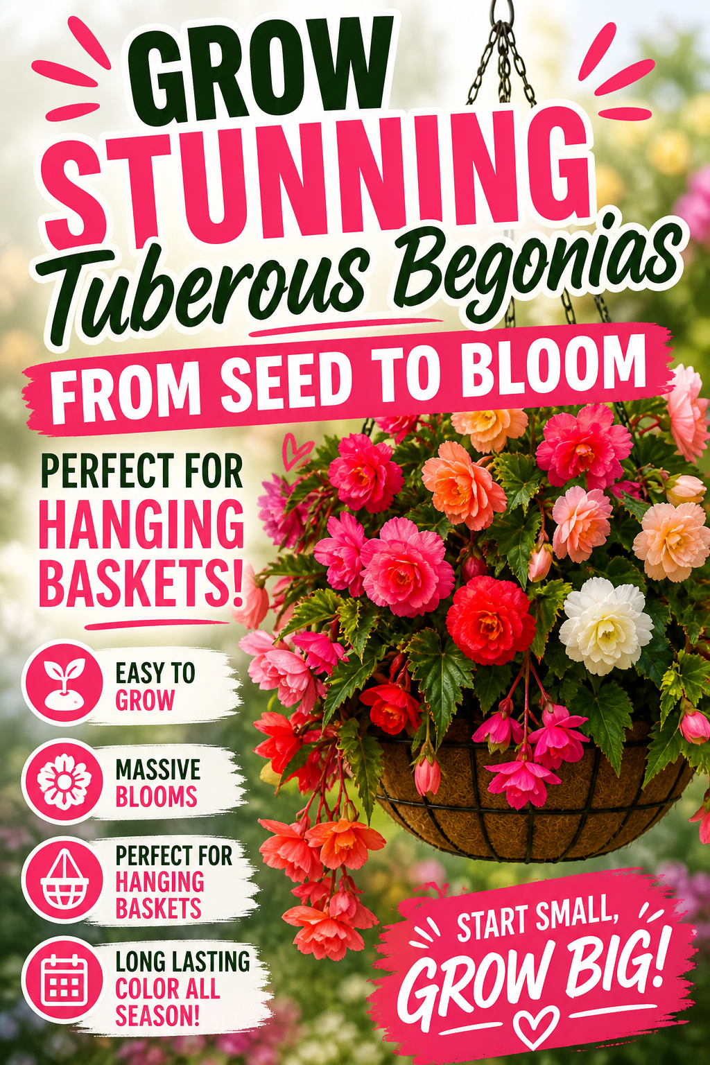 Colorful tuberous begonias growing in a hanging basket showing how to grow begonias from seed for full cascading blooms