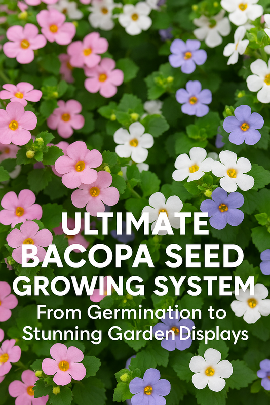 Ultimate Bacopa Seed Growing System showing Bacopa Snowtopia, Blutopia, and Pinktopia grown from seed to full bloom in baskets and trays