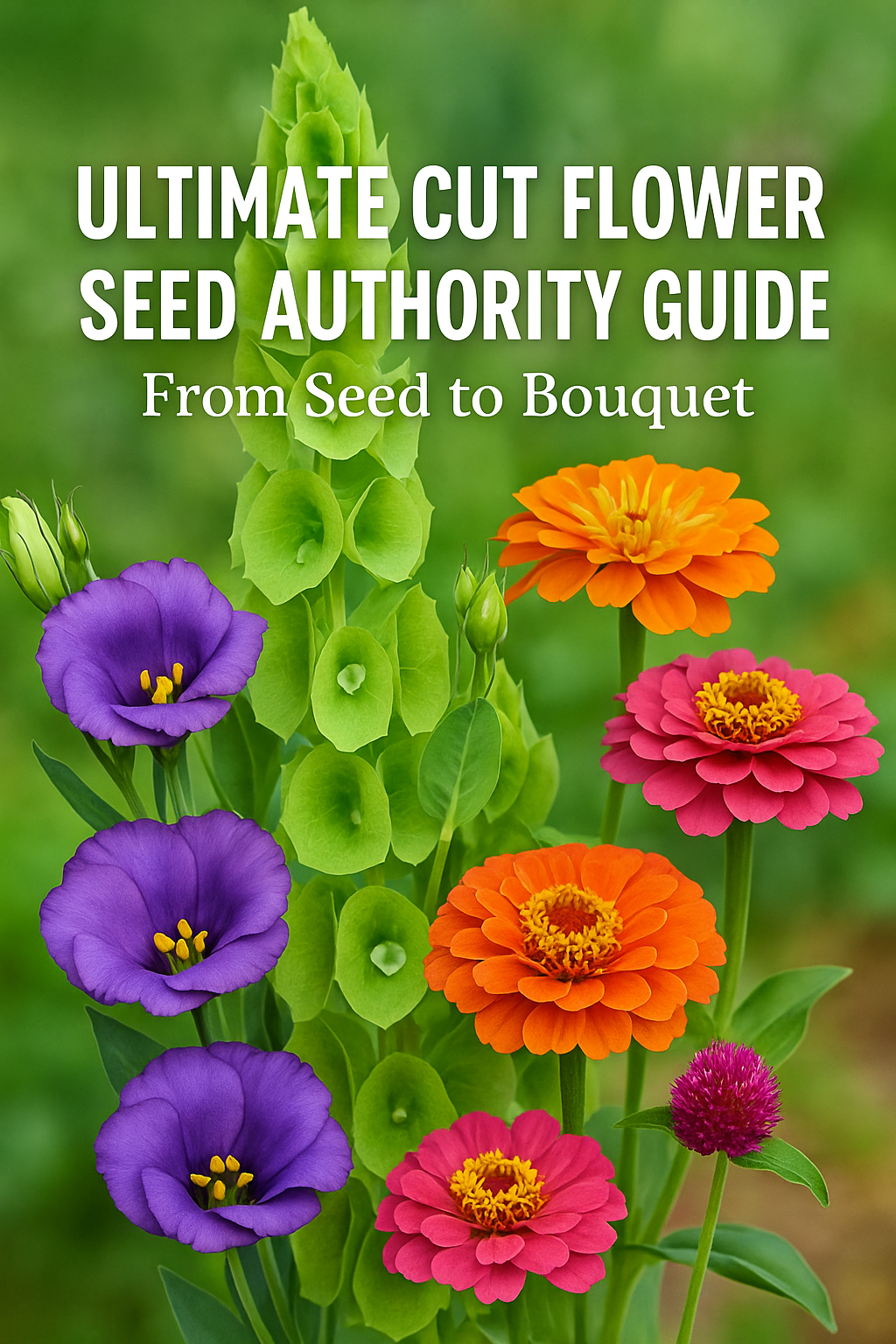 A bright, realistic bouquet of Lisianthus, Bells of Ireland, Zinnias, Gomphrena, Snapdragons, and Celosia — showcasing the ultimate collection of professional cut flower seeds for gardeners and florists.