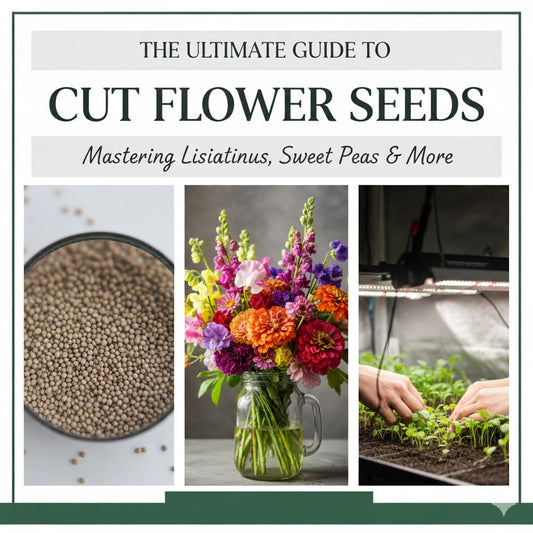 A beautiful bouquet of mixed sweet pea flowers and lisianthus, illustrating the best cut flower seeds guide