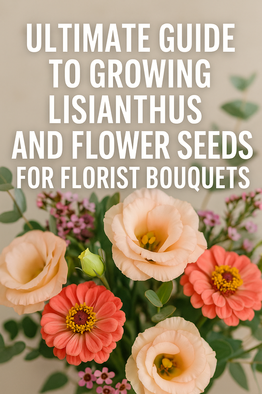 Lisianthus and zinnias in a bright florist-style bouquet grown from seed