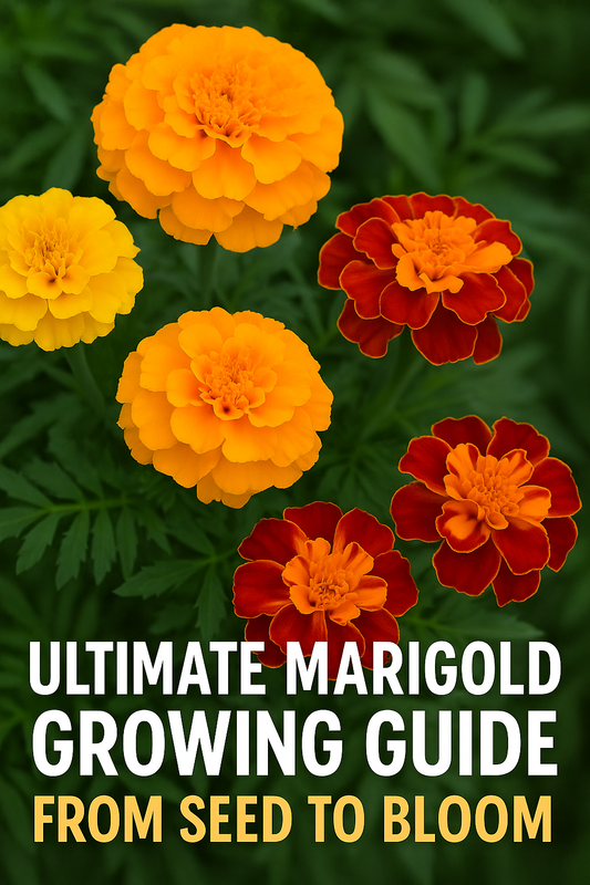 Bright yellow and orange marigold flowers in full bloom — complete growing guide from seed to mature plants.