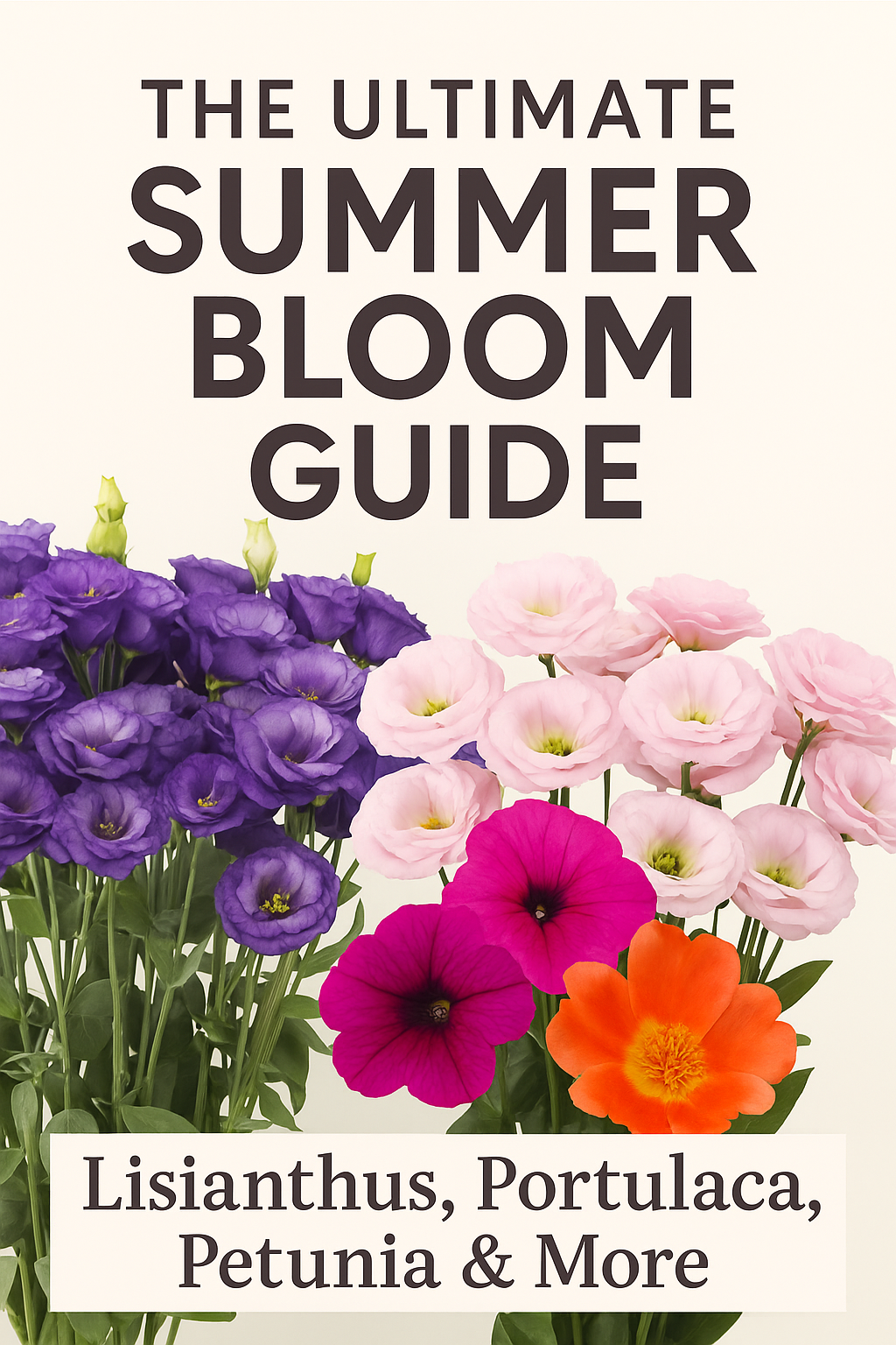 Vibrant collage of Lisianthus, Portulaca, and Petunia blooms in a summer garden — showcasing drought-tolerant, heat-loving flowers grown from seed. Perfect for gardeners seeking color and resilience