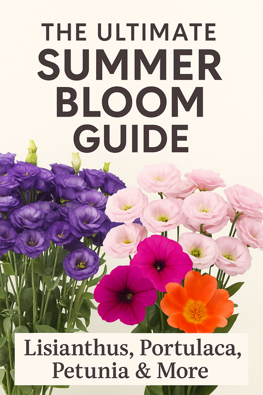 Vibrant collage of Lisianthus, Portulaca, and Petunia blooms in a summer garden — showcasing drought-tolerant, heat-loving flowers grown from seed. Perfect for gardeners seeking color and resilience