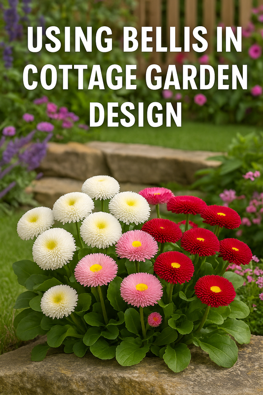 Bellis (English Daisy) flowers in pink, red, and white edging a stone path in a cottage garden, paired with classic blooms like foxglove and lavender