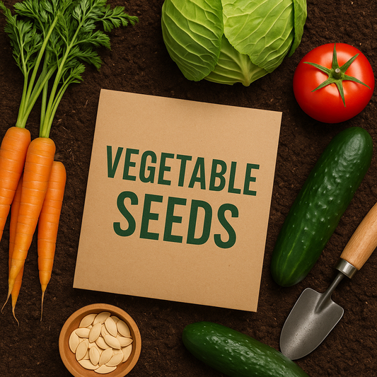 Assorted vegetable seeds with fresh carrots, cucumber, tomato, and cabbage on garden soil, showing bulk vegetable seeds for home and market gardening