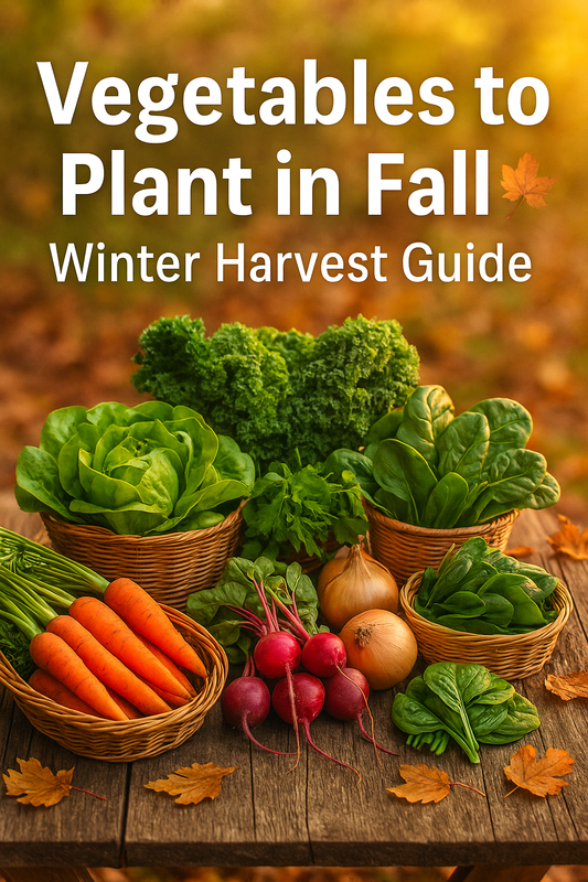 Rustic display of fall vegetables including carrots, kale, lettuce, radishes, beets, onions, and spinach on a wooden table with autumn leaves, featuring text overlay Vegetables to Plant in Fall Winter Harvest Guide.