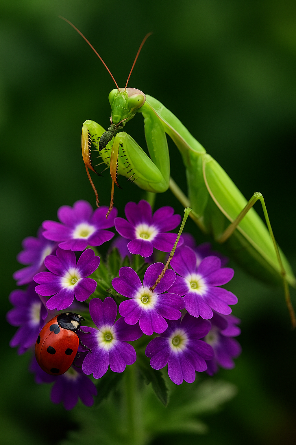 "Praying mantis and ladybug on purple verbena flowers, showing beneficial insects that protect plants from aphids and garden pests."
