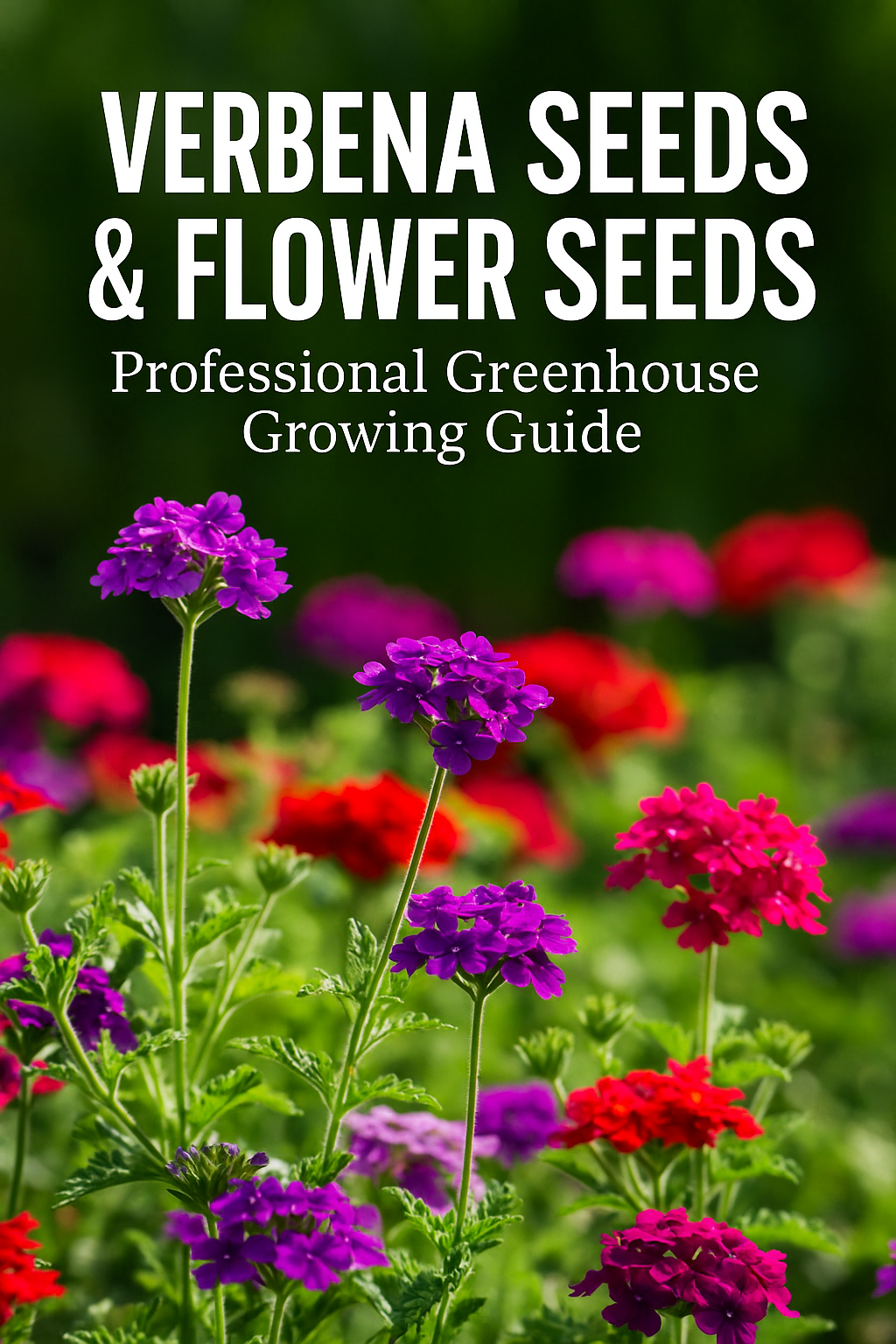 Colorful upright Verbena flowers in red, purple, and pink blooming under sunlight with text “Verbena Seeds & Flower Seeds | Professional Greenhouse Growing Guide