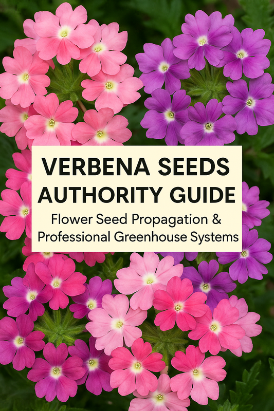 Close-up of vibrant pink, red, and purple Verbena flowers blooming under sunlight with text “Verbena Seeds Authority Guide | Professional Flower Seed Growing Systems