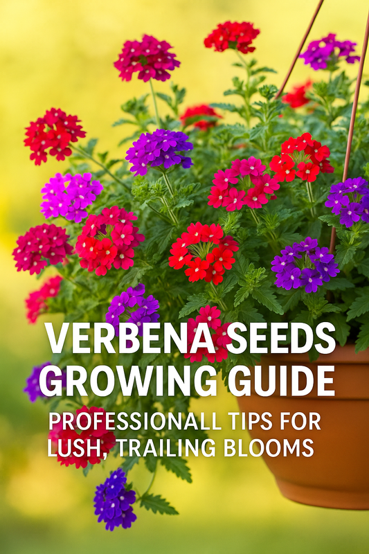Bright Pinterest-style image featuring trailing Verbena flowers in vivid red, magenta, and purple tones cascading from a basket with text “Verbena Seeds | Professional Bulk Growing Guide for Trailing Varieties