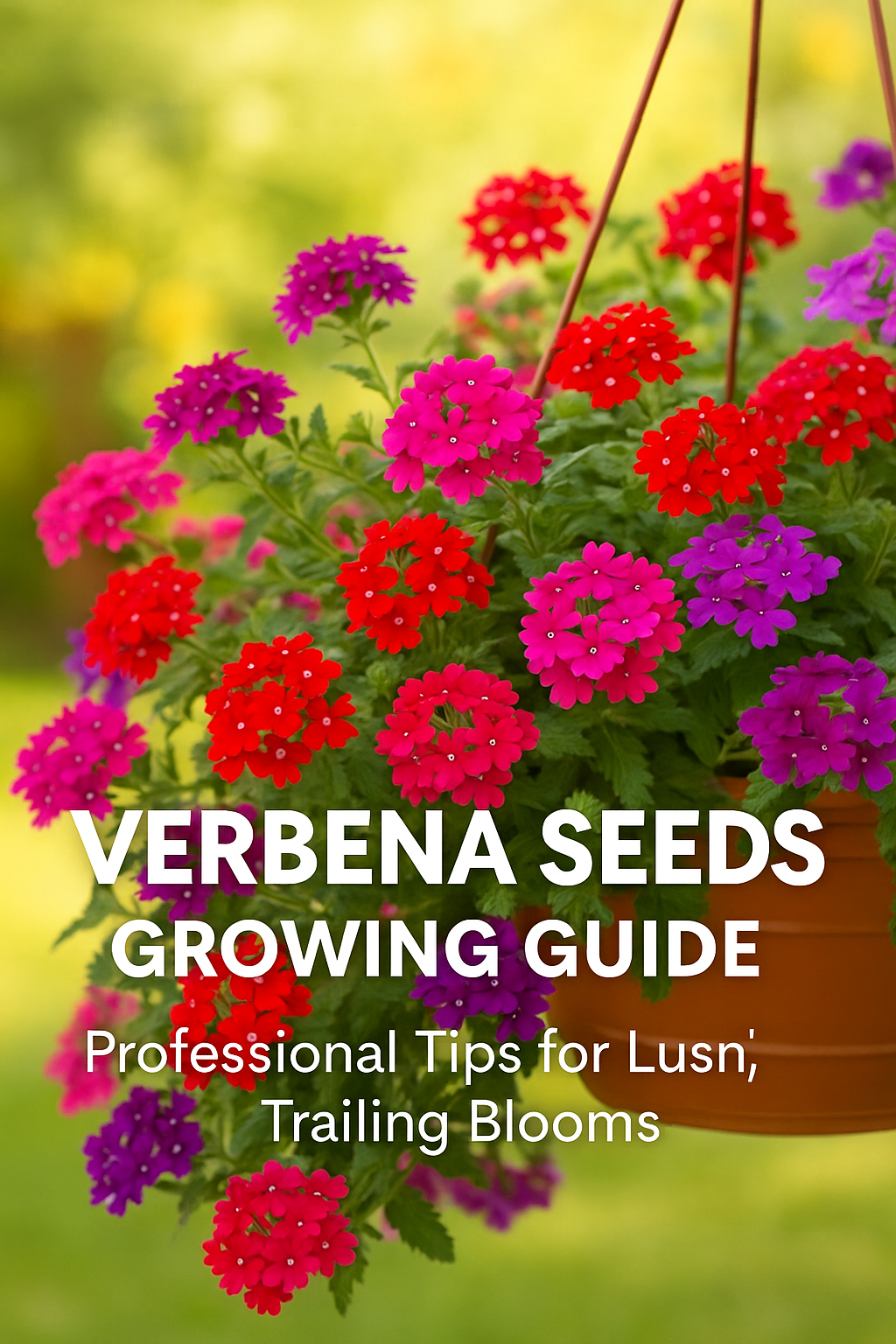 Bright, colorful image of trailing Verbena flowers in vivid pink, red, and purple tones spilling from a hanging basket with text “Verbena Seeds Growing Guide | Professional Tips for Lush, Trailing Blooms