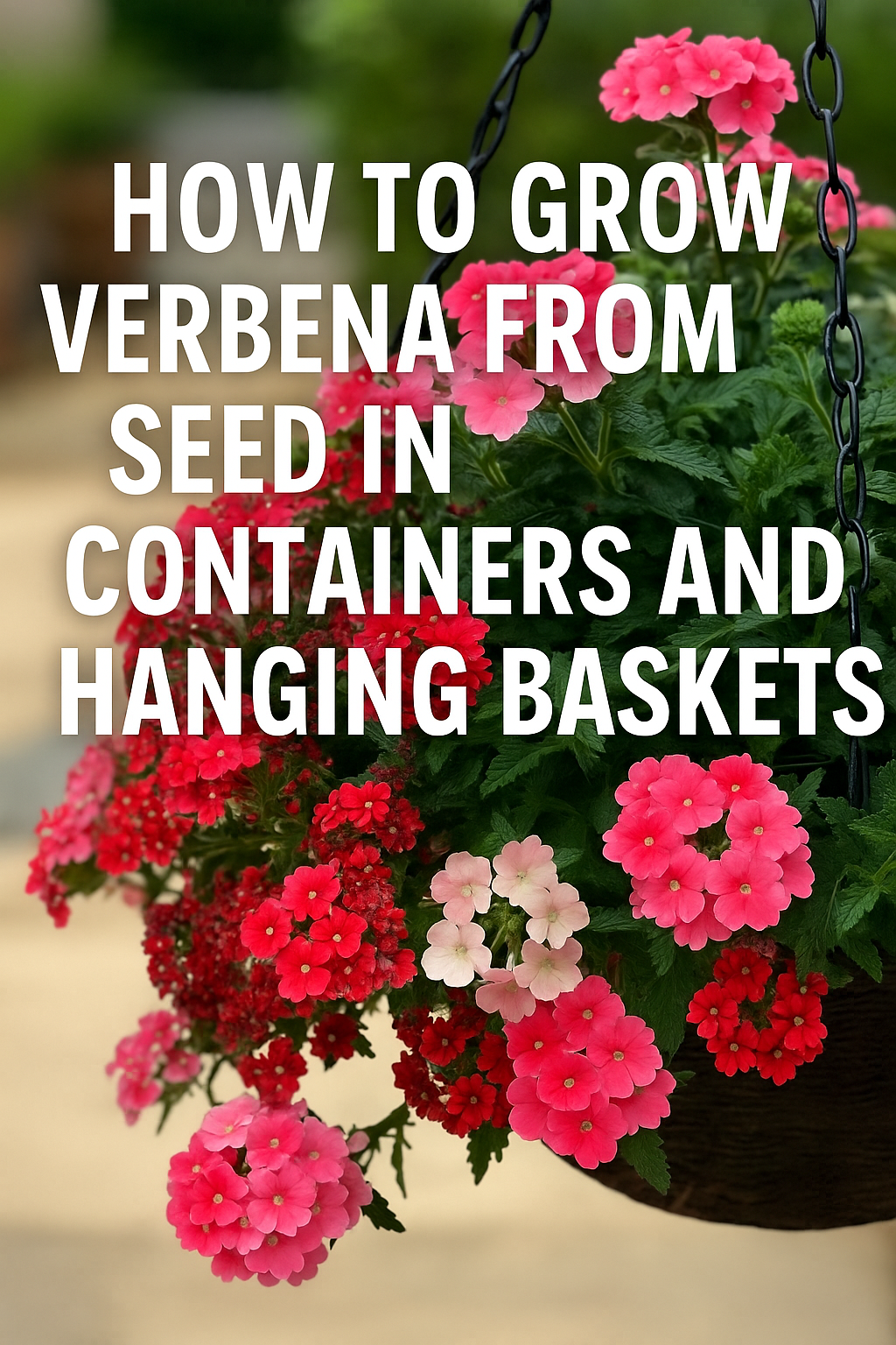 Trailing verbena flowers cascading from a hanging basket with petunias and bacopa