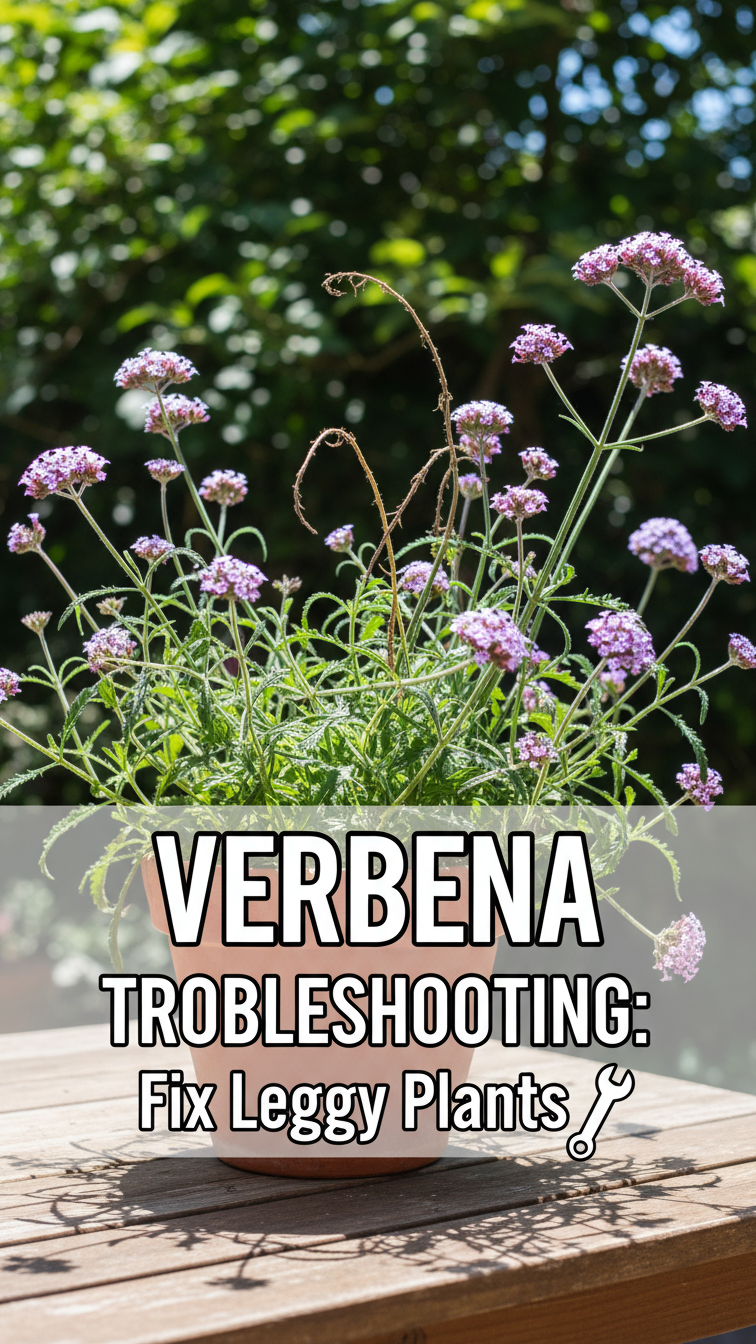 Verbena plants showing leggy growth and yellowing leaves being cared for in a garden bed
