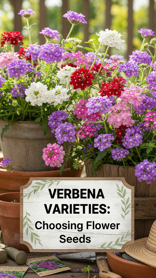 Trailing and upright verbena flowers blooming in hanging baskets and garden beds