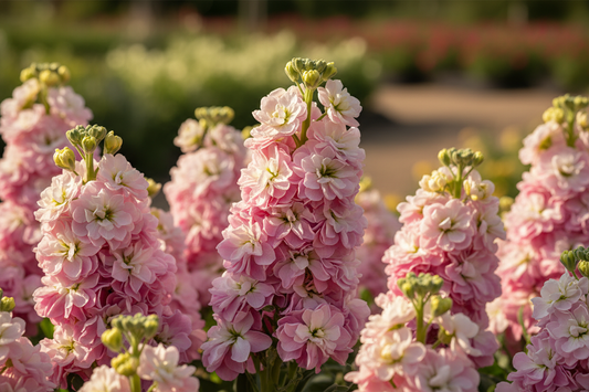 Lush double-flowered stock blooms in cherry blossom pink and white, premium cut flower garden