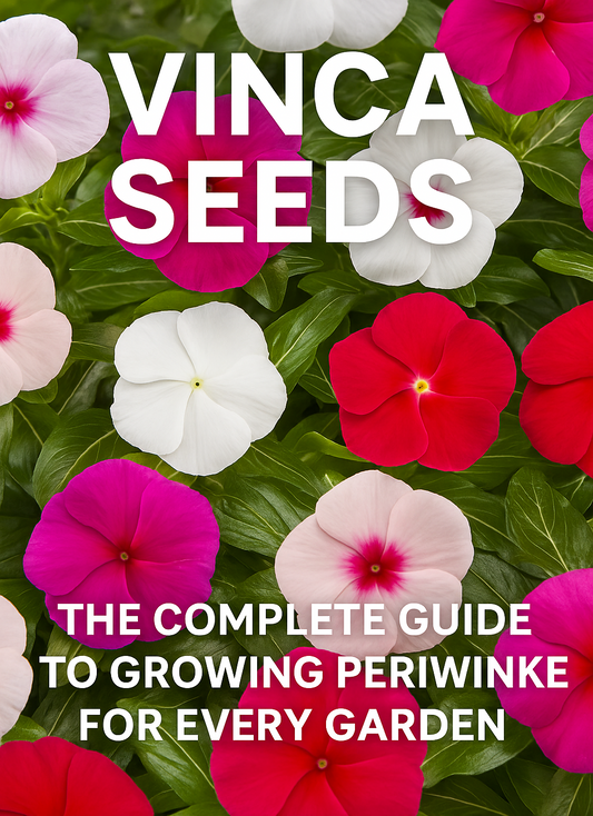 Colorful vinca flowers in shades of red, white, pink, and magenta with glossy green foliage, used to illustrate a complete guide to growing periwinkle seeds for gardens and landscapes
